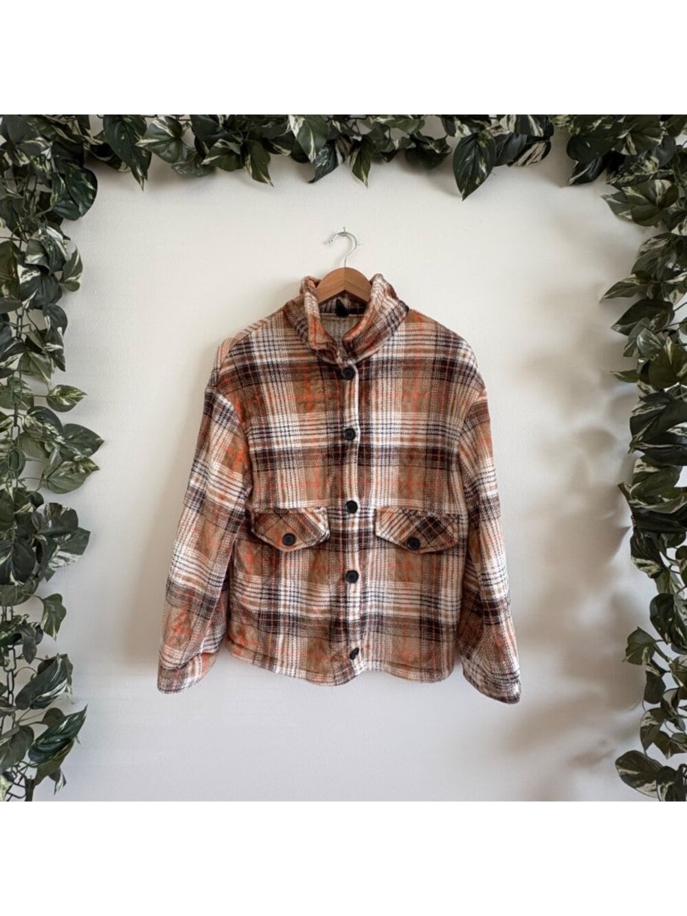 SHEIN Soft Sherpa Front Button Plaid Long Sleeve Shirt Multi Women’s Size M